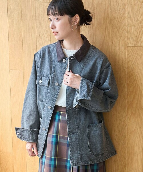 寬鬆燈芯絨領牛仔工裝外套