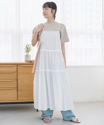 米白格紋緹花蛋糕吊帶洋裝