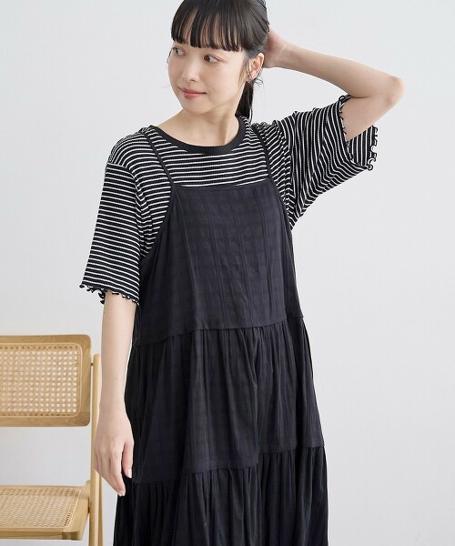 黑格紋緹花蛋糕吊帶洋裝