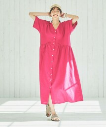 亞麻嫘縈V領5分袖洋裝