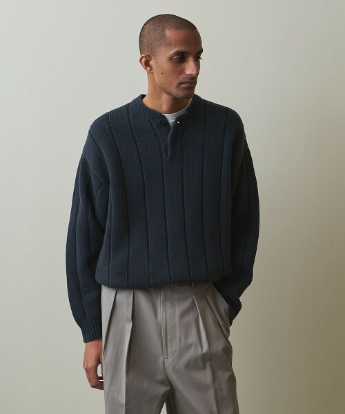 <Steven Alan> BALLOON CTN WIDE/RIB HENLEY NECK SWEATER -LOOSE/針織毛衣