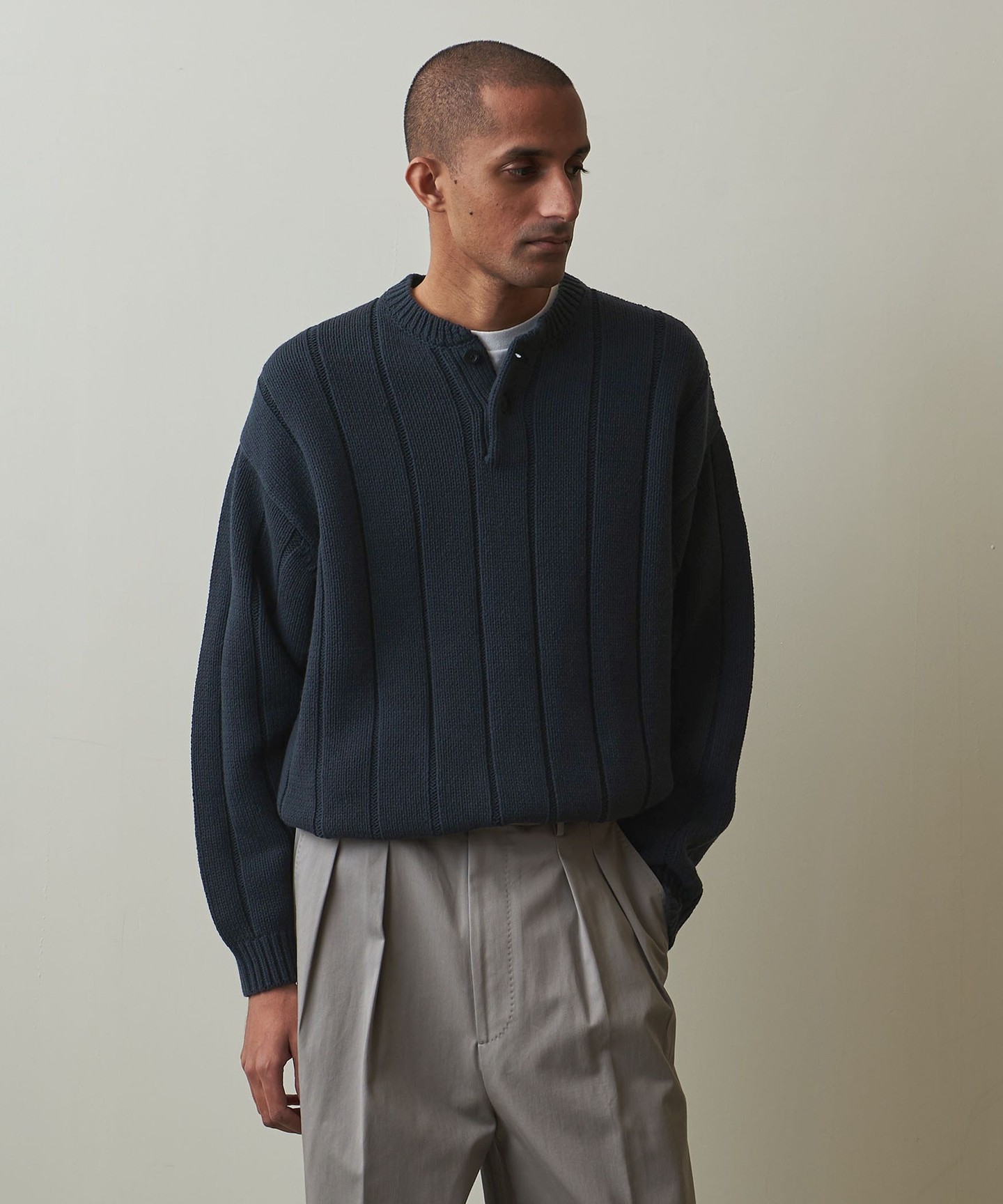 Steven Alan＞ BALLOON CTN WIDE/RIB HENLEY NECK SWEATER -LOOSE/針織