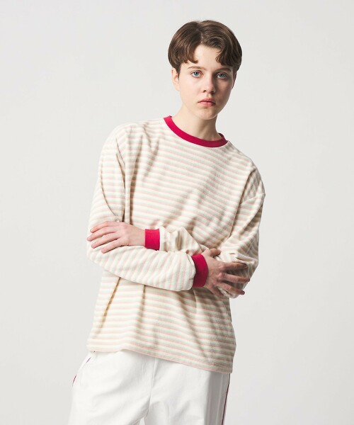 ＜6(ROKU)＞拉絨橫條紋長袖T恤 日本製