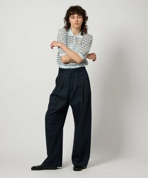 ＜6(ROKU)＞棉尼龍橫條紋短袖POLO針織