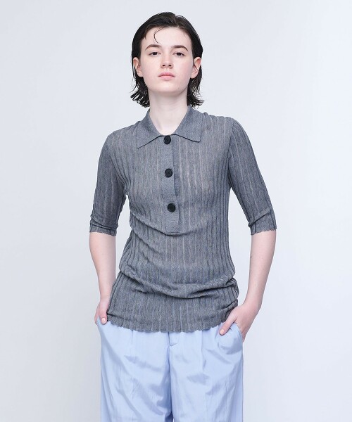 <AEWEN MATOPH>透膚羅紋POLO針織衫