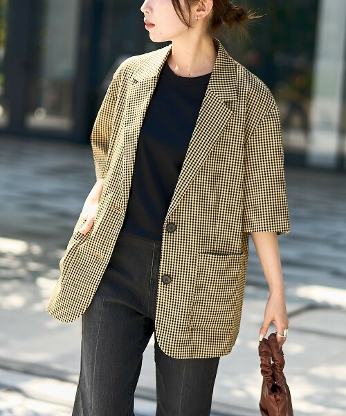 【RONEL】小方格格紋短袖外套