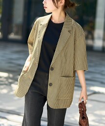 【RONEL】小方格格紋短袖外套